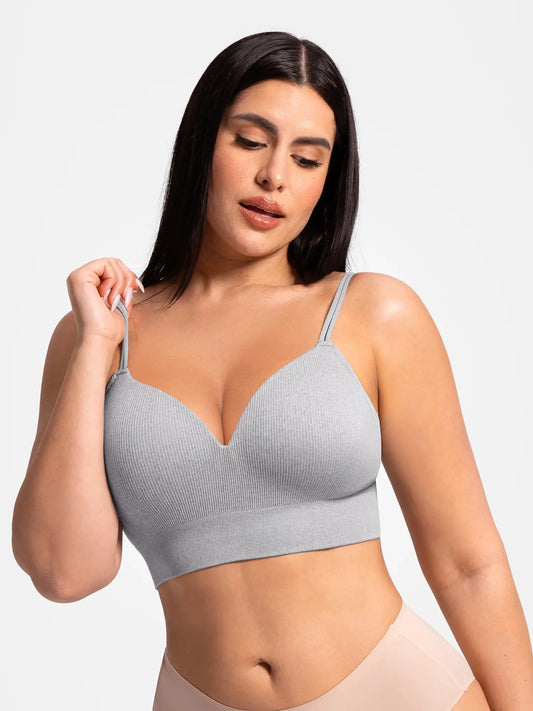 Feelingirl seamless ribbed wireless T-shirt bra in gray – front view with built-in fixed cups for no-show lift