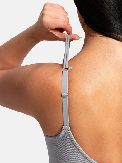 Close-up of convertible straps with back hook – easily switch to racerback or U-back style