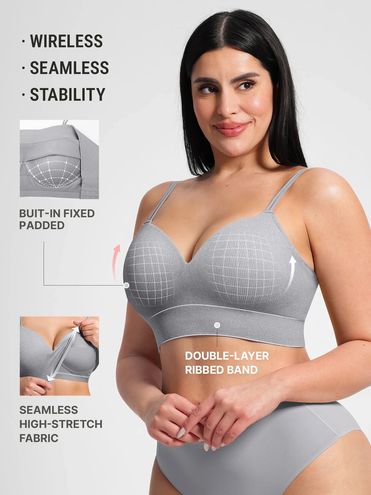 Feelingirl seamless wireless gray bra with built-in fixed padded cups for natural shape and mid-level support