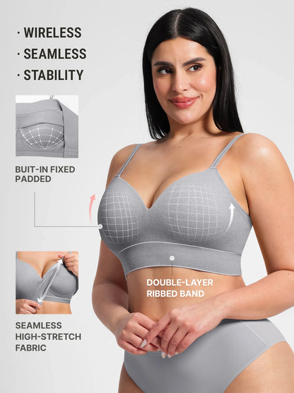 Feelingirl seamless wireless gray bra with built-in fixed padded cups for natural shape and mid-level support