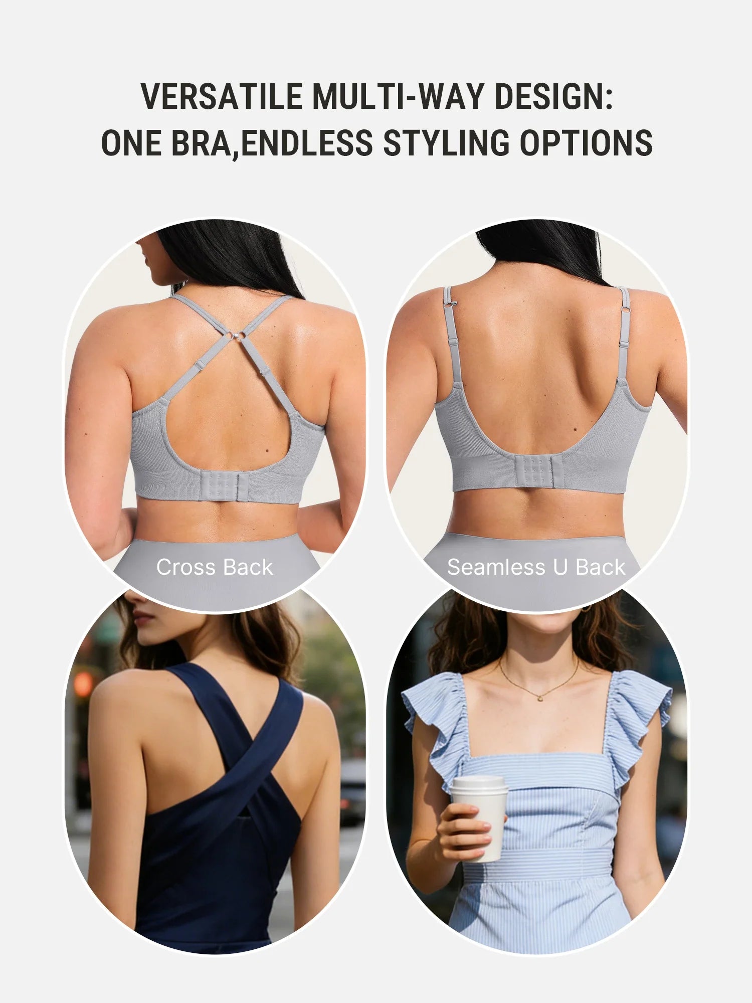 Convertible multi-way bra straps showing two styles – Cross Back and Seamless U Back for any outfit