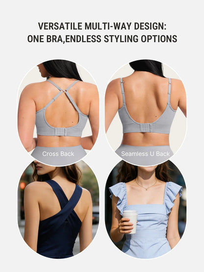 Convertible multi-way bra straps showing two styles – Cross Back and Seamless U Back for any outfit